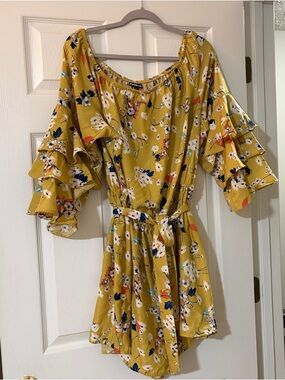 Charlotte Russe Mustard Yellow Floral Mini romper with Ruffle Sleeves